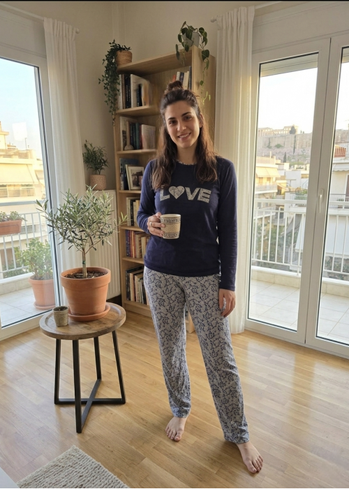 Γυναικεία βαμβακερή Μπλε Πυτζάμα με γκρι παντελόνι Γυναικεία βαμβακερή Μπλε Πυτζάμα με γκρι παντελόνι