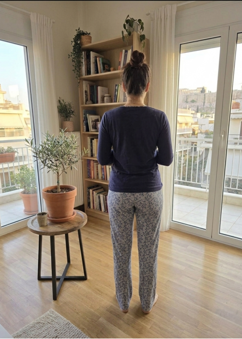 Γυναικεία βαμβακερή Μπλε Πυτζάμα με γκρι παντελόνι