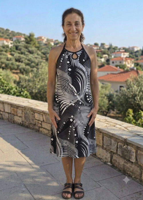 Βισκόζ φόρεμα μαύρο με άσπρο δένει στο λαιμό