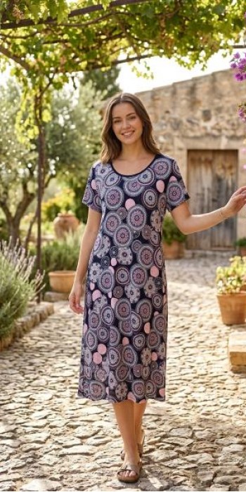 Βισκόζ φόρεμα μπλε με ροζ και λευκές λεπτομέρειες