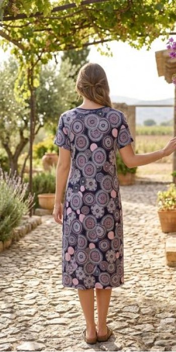 Βισκόζ φόρεμα μπλε με ροζ και λευκές λεπτομέρειες Βισκόζ φόρεμα μπλε με ροζ και λευκές λεπτομέρειες