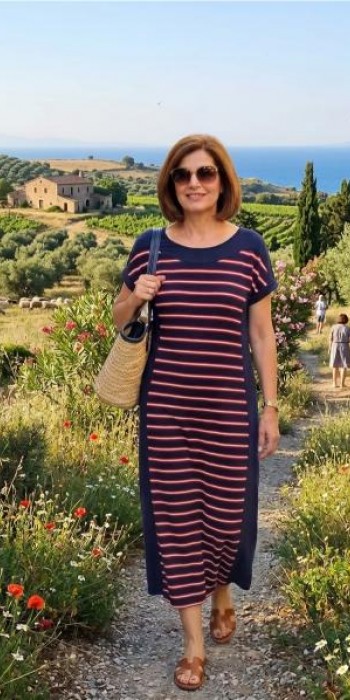 Βισκόζ φόρεμα μπλε με κόκκινες ρίγες