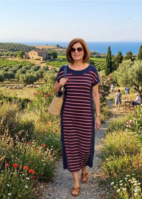 Βισκόζ φόρεμα μπλε με κόκκινες ρίγες