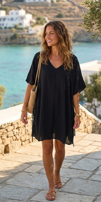Μαύρο καφτάνι Relax με φαρδιά μανίκια
