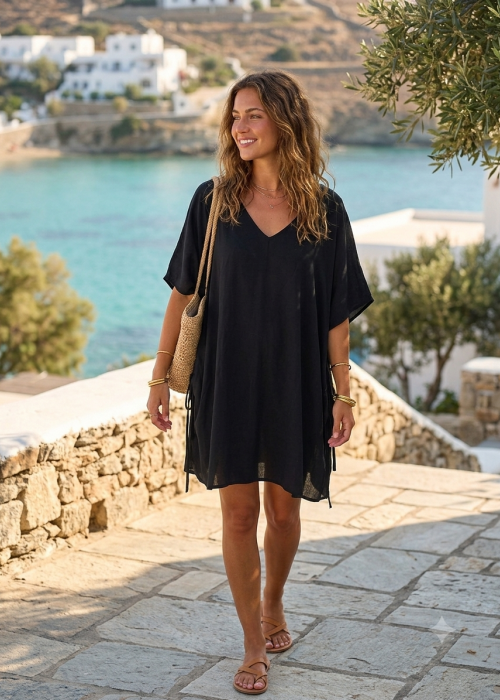 Μαύρο καφτάνι Relax με φαρδιά μανίκια