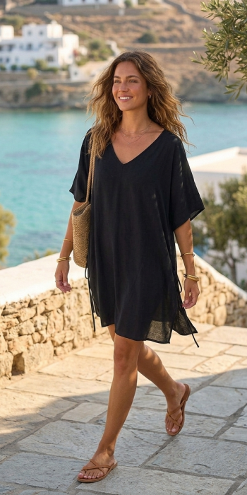 Μαύρο καφτάνι Relax με φαρδιά μανίκια