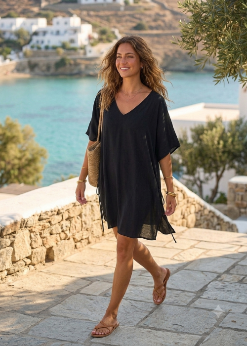 Μαύρο καφτάνι Relax με φαρδιά μανίκια