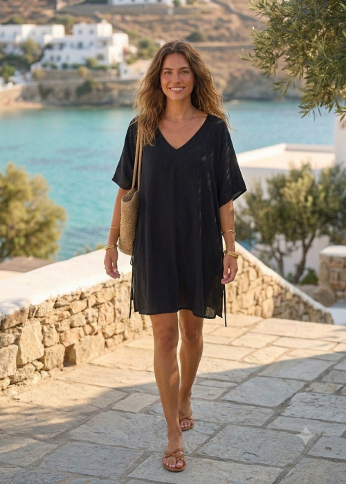 Μαύρο καφτάνι Relax με φαρδιά μανίκια
