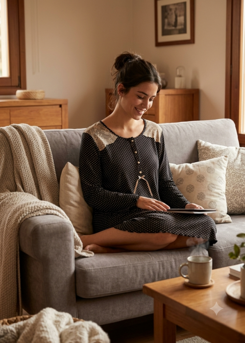 Νυχτικό μαύρο με κουμπάκια πουά και λεπτομέρειες δαντέλας