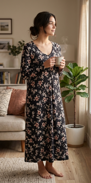 Microfleece Νυχτικό μαύρο με λουλούδια