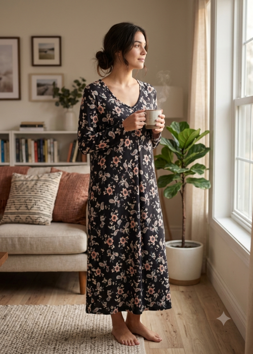 Microfleece Νυχτικό μαύρο με λουλούδια