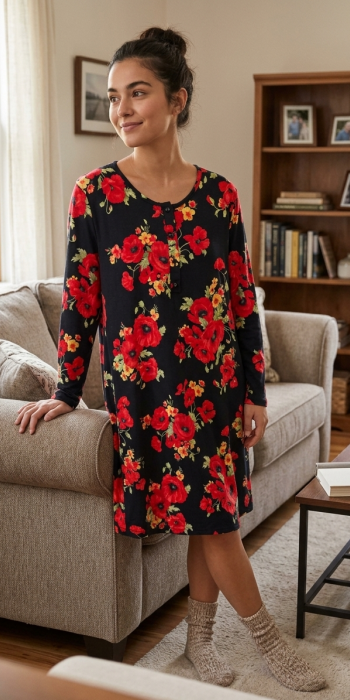 Microfleece Νυχτικό μαύρο με κόκκινα λουλούδια