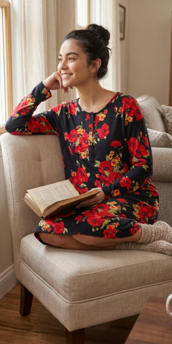Microfleece Νυχτικό μαύρο με κόκκινα λουλούδια