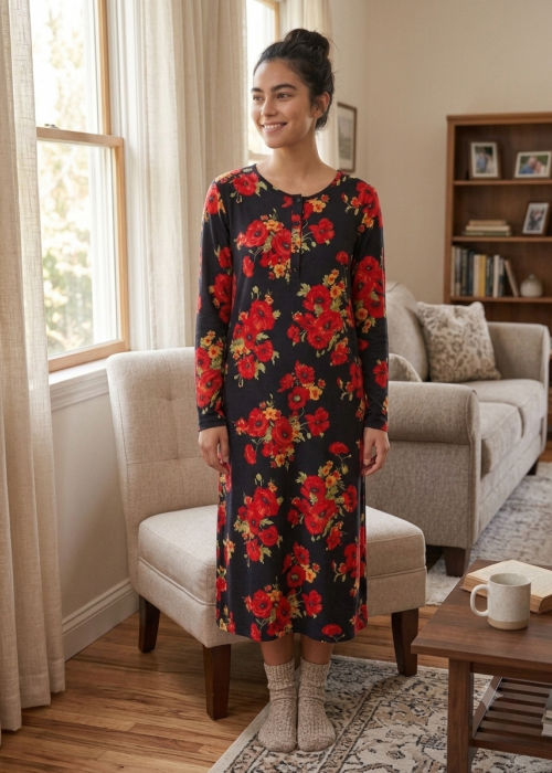 Microfleece Νυχτικό μαύρο με κόκκινα λουλούδια Microfleece Νυχτικό μαύρο με κόκκινα λουλούδια