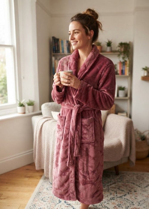 Γυναικεία fleece Ρόμπα σε χρώμα σάπιο μήλο με ανάγλυφους ρόμβους