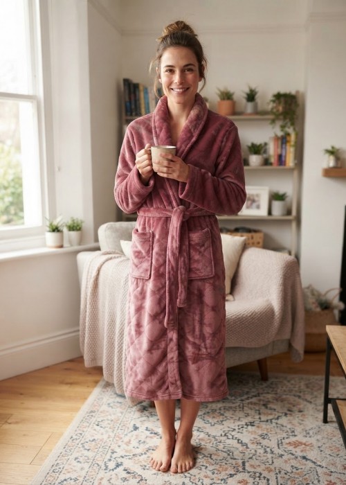 Γυναικεία fleece Ρόμπα σε χρώμα σάπιο μήλο με ανάγλυφους ρόμβους