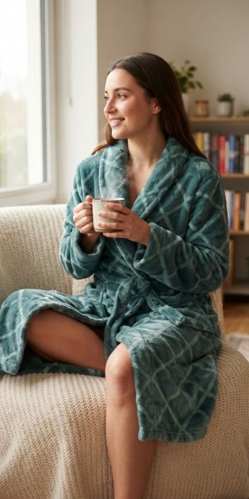 Γυναικεία fleece Ρόμπα σε πετρόλ χρώμα μήλο με ανάγλυφους ρόμβους