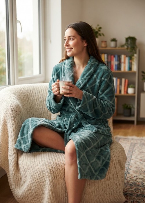 Γυναικεία fleece Ρόμπα σε πετρόλ χρώμα μήλο με ανάγλυφους ρόμβους
