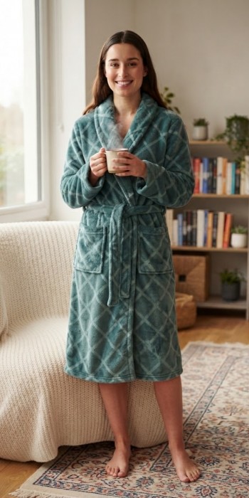 Γυναικεία fleece Ρόμπα σε πετρόλ χρώμα μήλο με ανάγλυφους ρόμβους