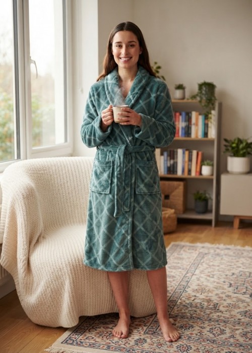 Γυναικεία fleece Ρόμπα σε πετρόλ χρώμα μήλο με ανάγλυφους ρόμβους