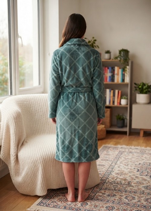 Γυναικεία fleece Ρόμπα σε πετρόλ χρώμα μήλο με ανάγλυφους ρόμβους