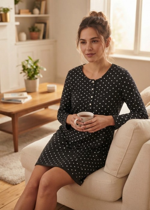 Microfleece Νυχτικό μαύρο με λευκό πουά