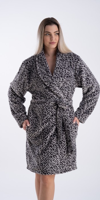 ρόμπα σε λεοπάρ γκρι χρώμα με σταυρωτή κάτω από το γόνατο
