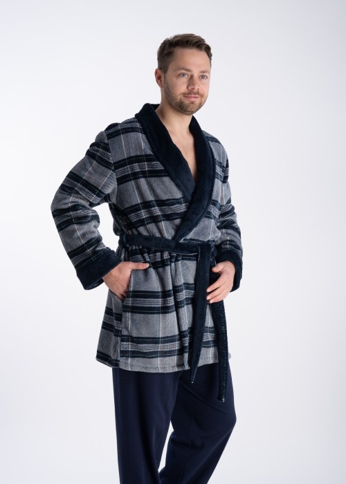 Plus Size Ανδρική καρό ρόμπα σε μπλε σκούρο έως 3XL
